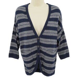 Wallace Women Small Navy Blue Gray Striped Button Cardigan Sweater Wool Cashmere